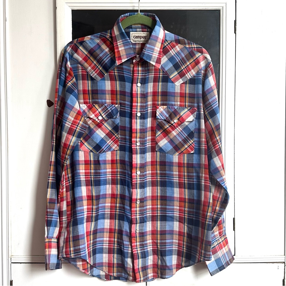 Vintage 70s Campus Rugged Country cowboy button up plaid shirt Medium - Picture 2 of 9